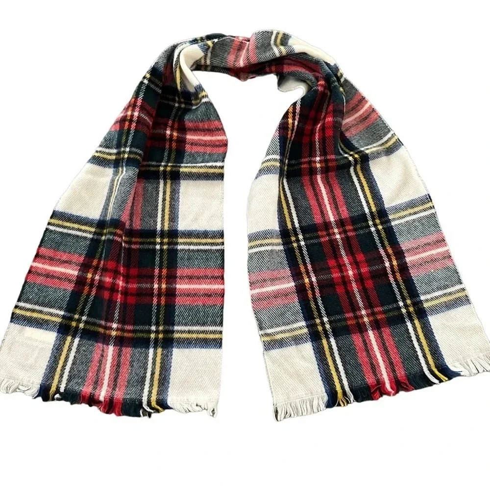 Van Heusen Mens‎ 100% Acrylic Plaid Winter Scarf Cream Red Blue Cozy Warm